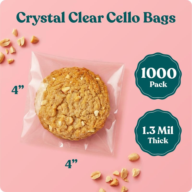 Pack It Chic - 4" X 4" Clear Self Sealing Cellophane Bags (1000 Pack) - Cookie Bags With Resealable Adhesive for Baked Goods Packaging, Candy, Treats, Bakery, Party Favors - Image 1